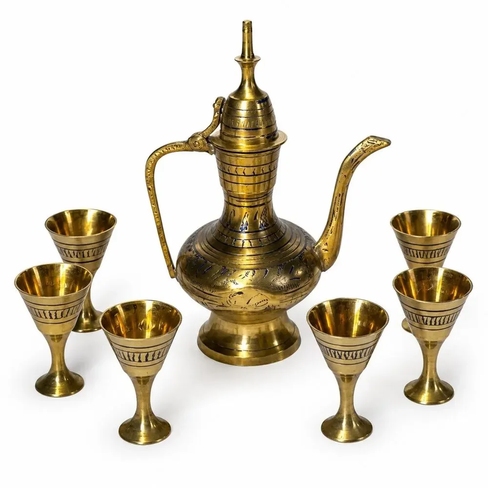 Vintage India Etched Brass Ewer Pitcher Decanter 6 Goblet Cup Set Ornate Boho